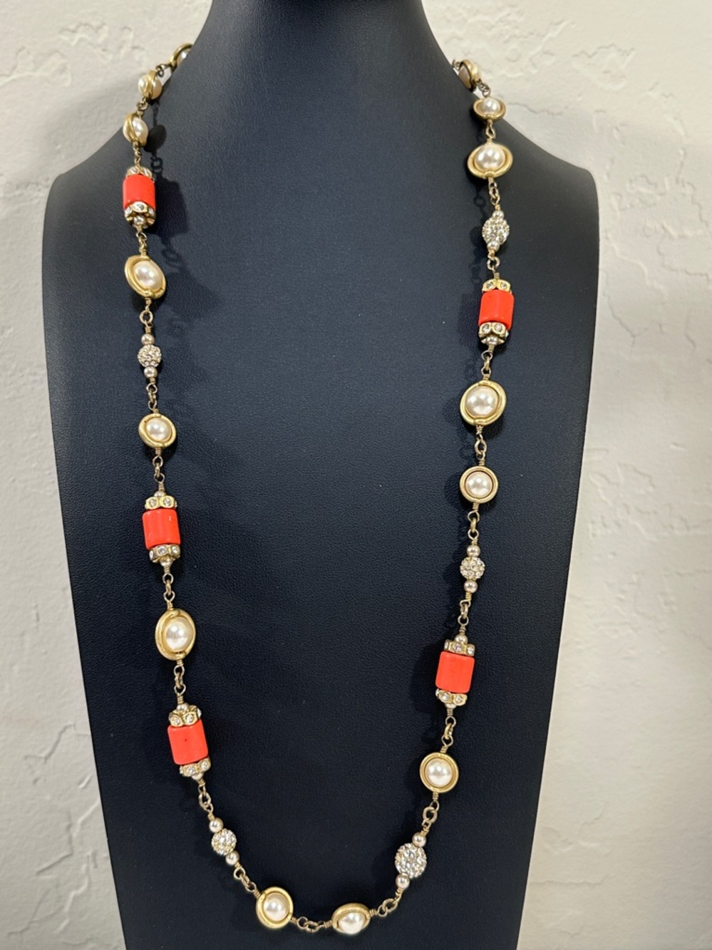 J Crew Matte Gold Tone Orange Tube Bead Pearl Rhinestone Necklace